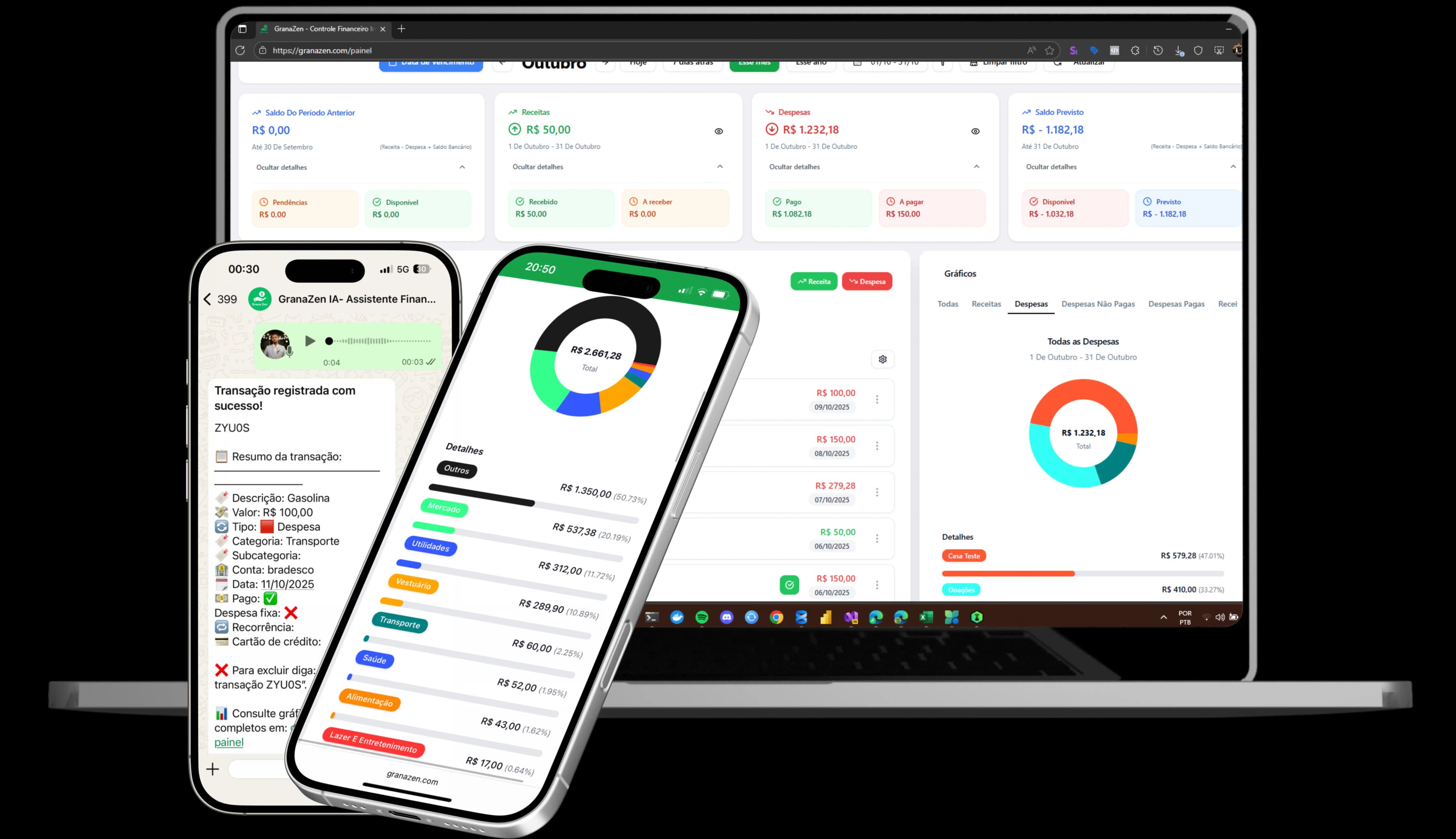 GranaZen financial dashboard presented on a laptop and two phones